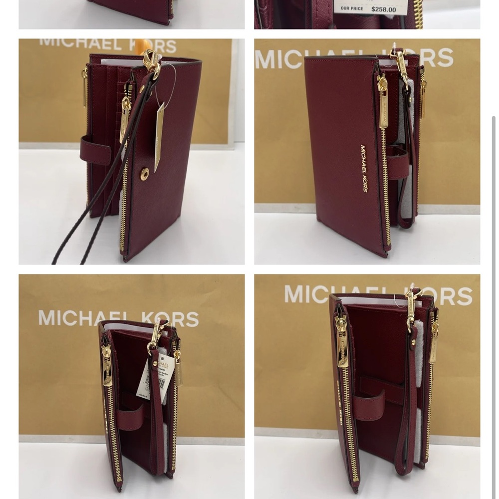 Michael Kors Jet Set Travel LG Double Zip Wristlet Wallet Leather Dark Cherry - Picture 9 of 16